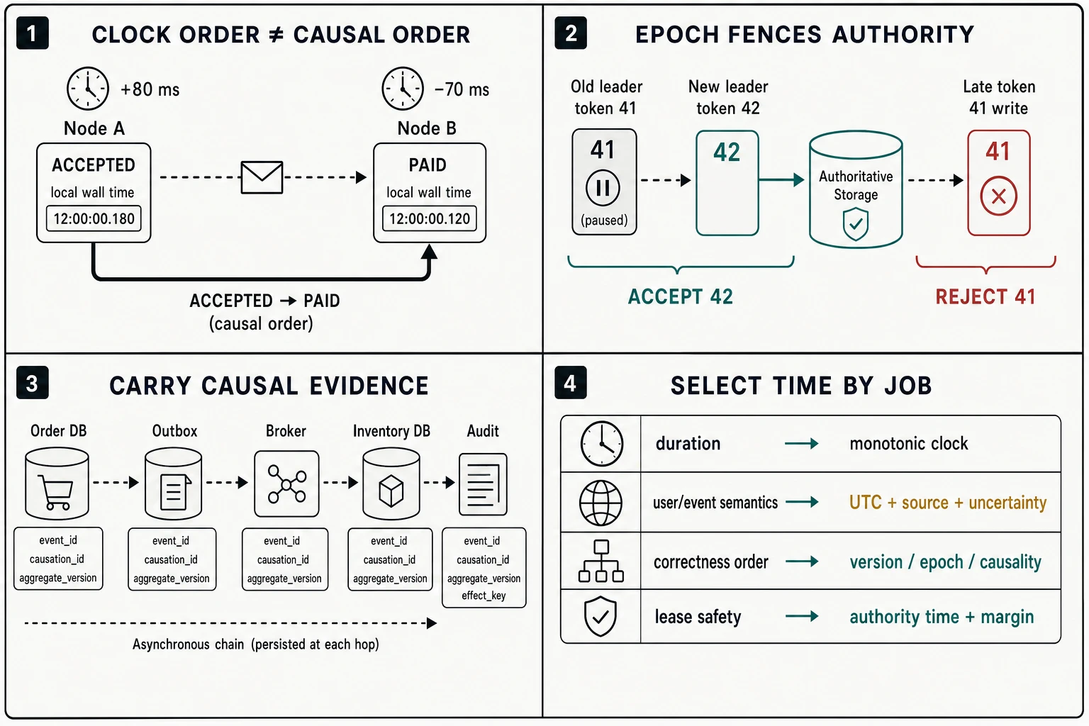 Four analytical panels show wall-clock order inverted against causal order, an epoch-42 authority rejecting a late epoch-41 write, identifiers carried across an asynchronous chain, and a time-source selection guide.