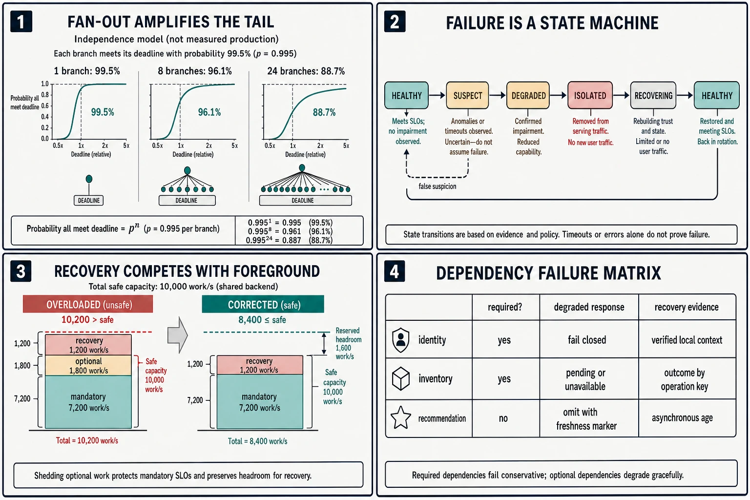 Four analytical panels show independent fan-out deadline probability, a graded failure-state machine, recovery work competing with foreground capacity, and Mercury's dependency failure matrix.