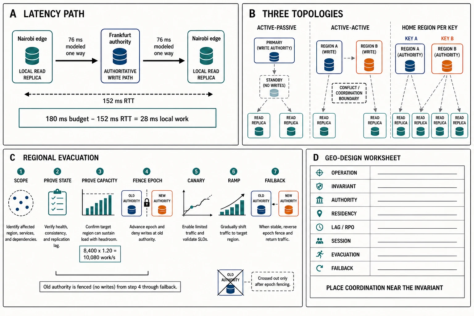 Four analytical panels compare Ledgerline's latency path, active-passive, active-active, and home-region topologies, a regional evacuation sequence, and a geo-design worksheet.