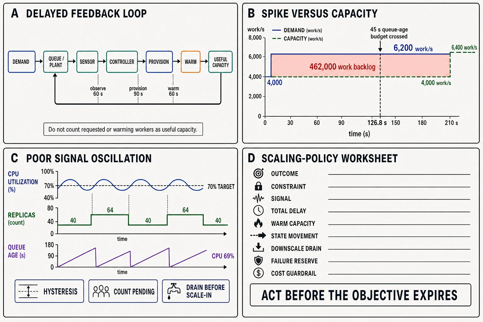 Four analytical panels show an autoscaling feedback loop with explicit delays, Pulsepipe's demand/capacity/backlog timeline, CPU-target oscillation, and a scaling-policy worksheet.