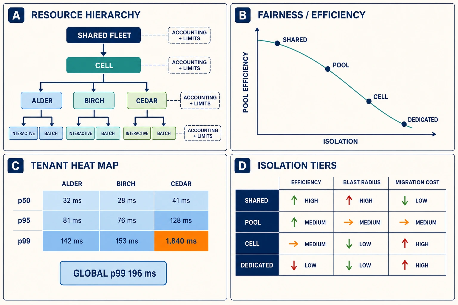 Four analytical panels show the multi-tenant resource hierarchy, a fairness-versus-pool-efficiency frontier, tenant-level latency masking, and an isolation-tier matrix.
