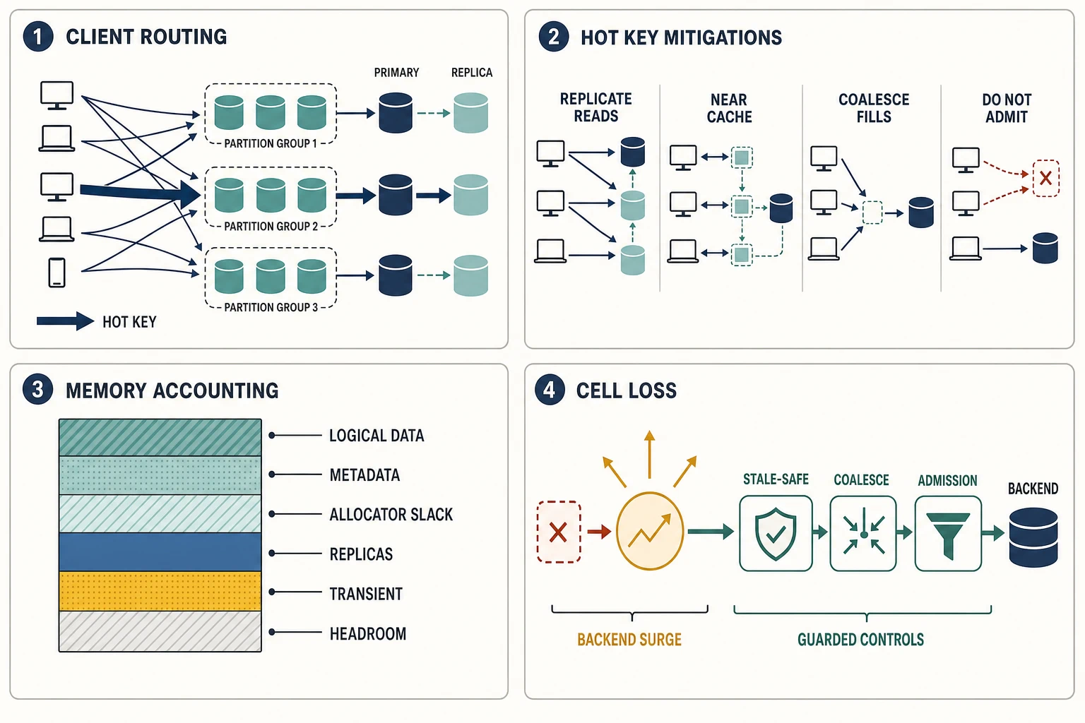 Four analytical panels show partition-aware key routing and replicas, mechanisms for hot-key mitigation, a stacked memory-accounting model, and guarded backend controls after cache-cell loss.