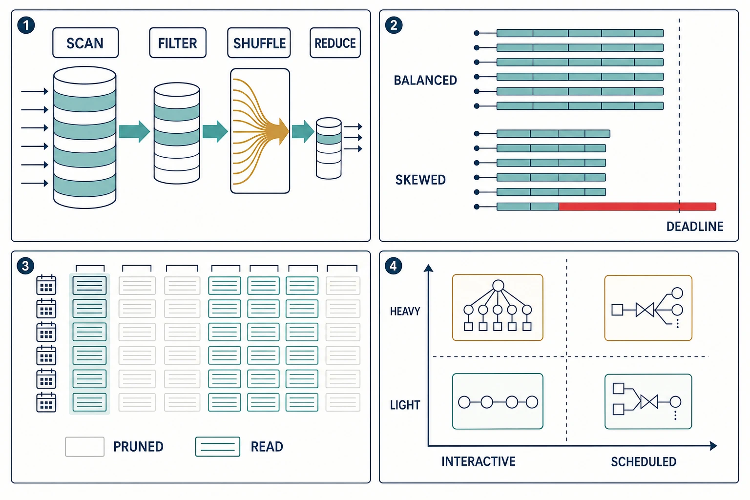 Four analytical panels show a scan-filter-shuffle-reduce pipeline, balanced and skewed task timelines, partition and column pruning, and an interactive-to-scheduled workload matrix.