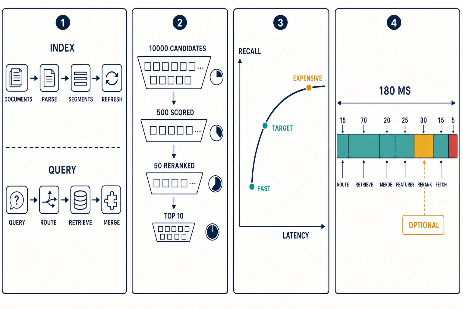Four analytical panels show separate index and query paths, a narrowing candidate-ranking funnel, a recall-latency frontier, and a fully allocated 180 ms search budget.