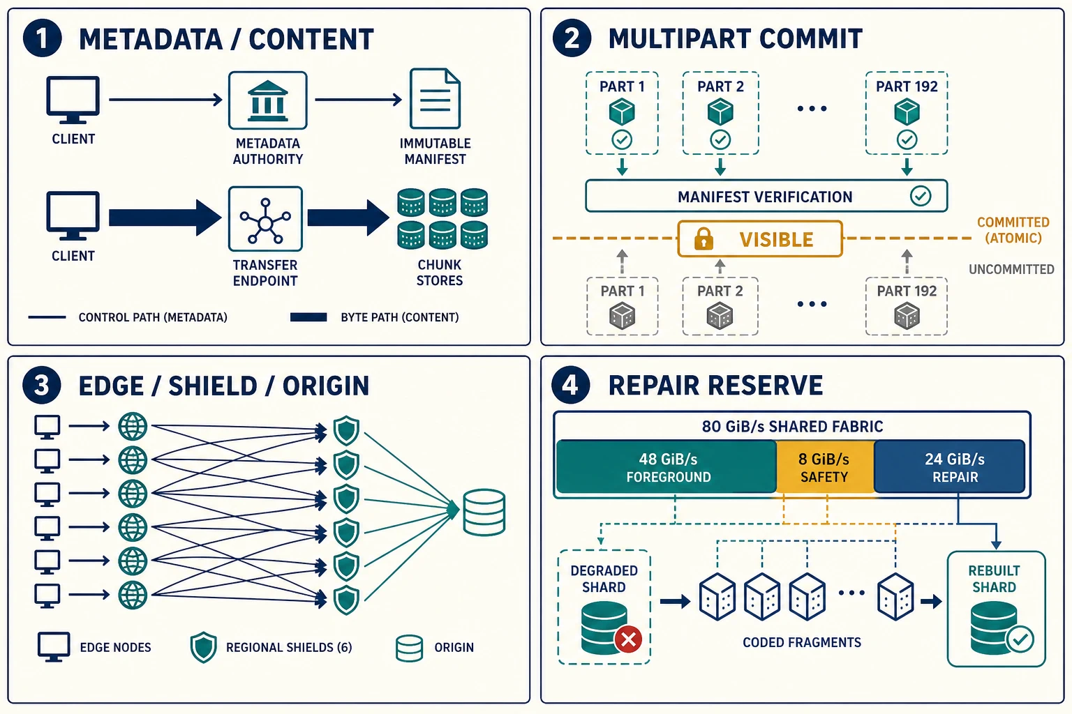 Four analytical panels separate metadata from content movement, show multipart publication, route edge misses through a shield, and reserve bandwidth for durability repair.