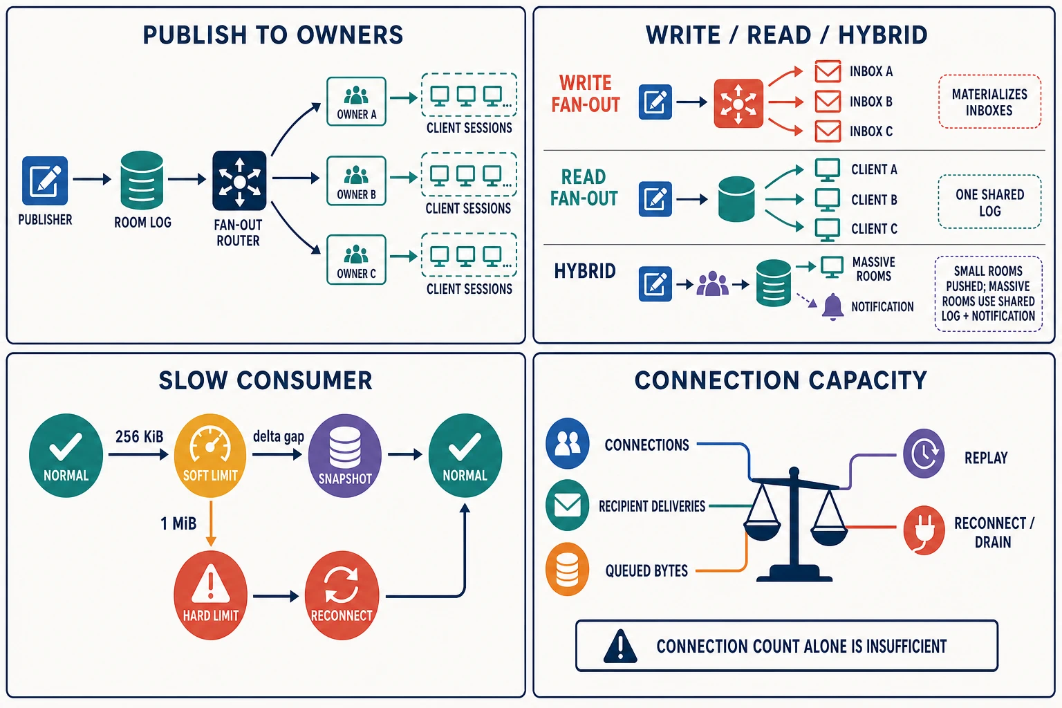 Four analytical panels trace a publish to distributed connection owners, compare write and read fan-out, define slow-consumer states, and expose connection-capacity dimensions.