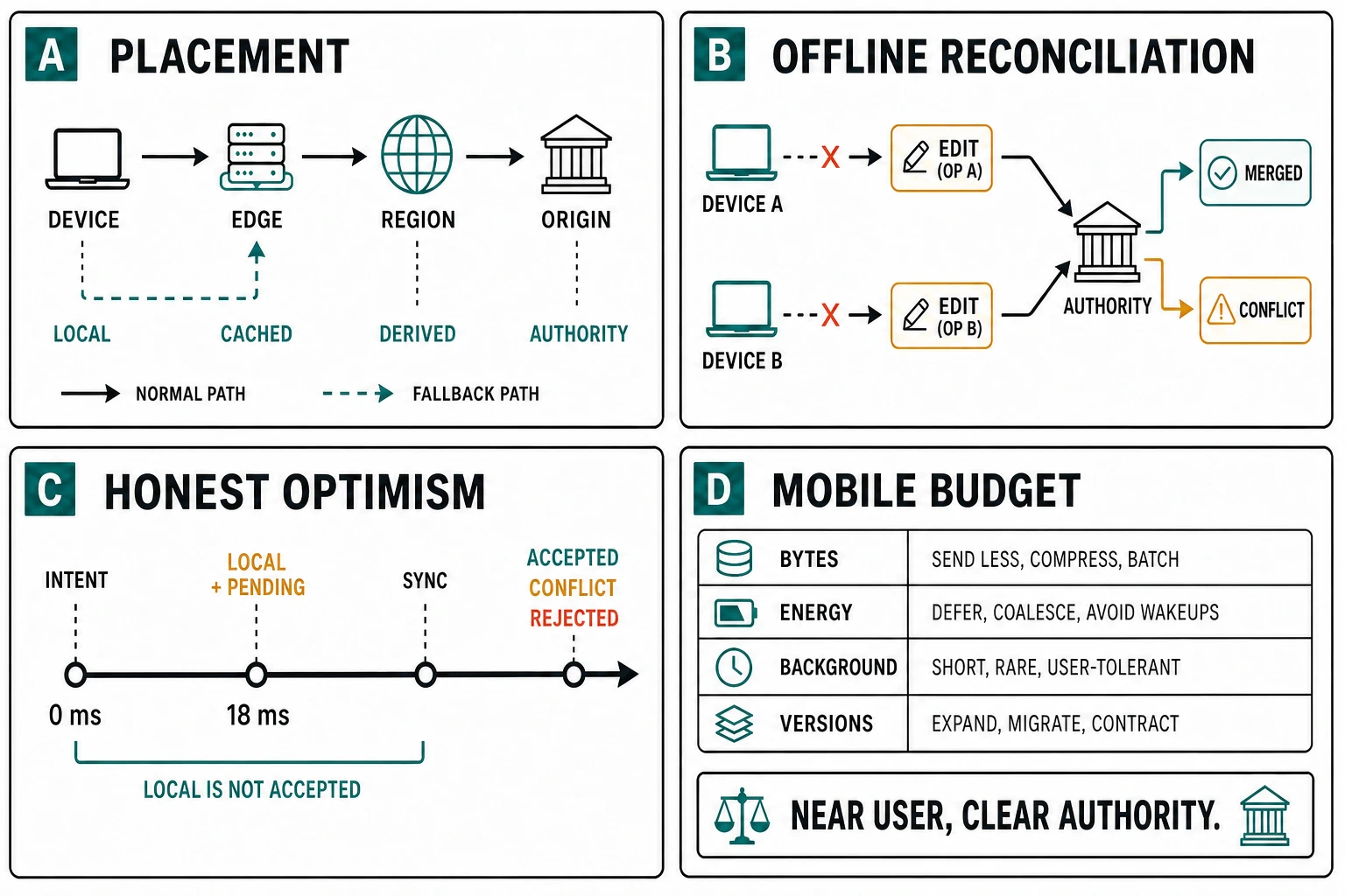 Four analytical panels show device-edge-region-origin placement, two offline edit logs reconciling, an honest optimistic-interface timeline, and a byte, energy, and version mobile budget.