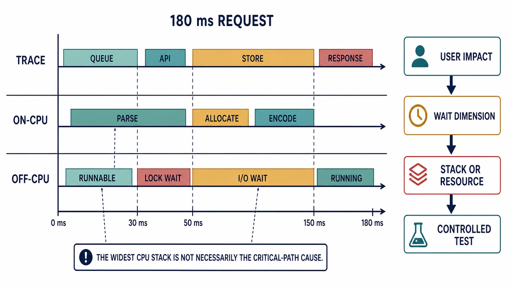 A 180 millisecond request is shown in aligned trace, on-CPU, and off-CPU timelines, followed by a causal funnel from user impact to a controlled test.