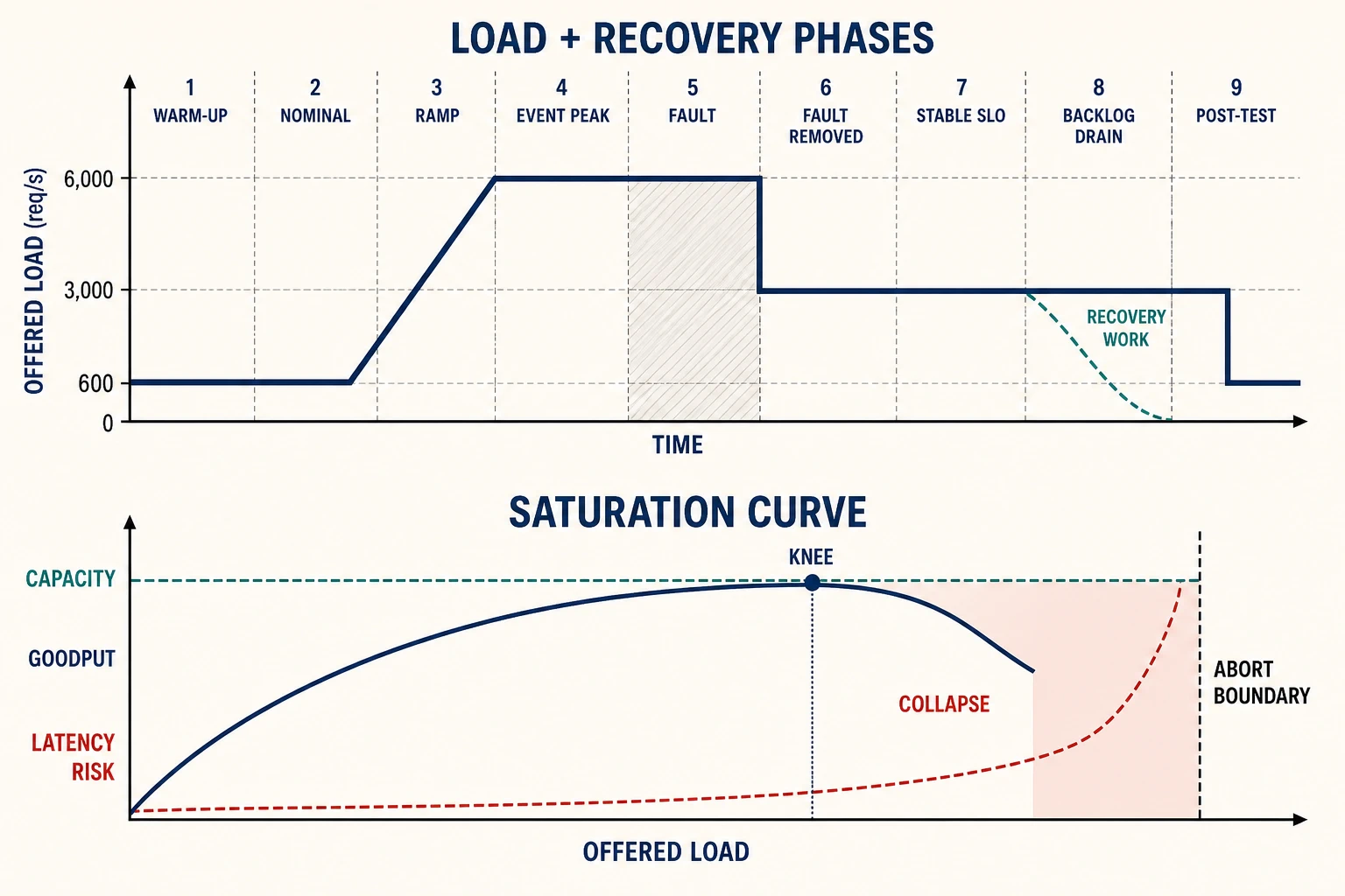 A nine-phase offered-load profile moves from warm-up and nominal load through a 6,000-request-per-second peak, fault, stable-SLO recovery, backlog drain, and post-test nominal state; below, goodput reaches a knee and declines as latency risk approaches the abort boundary.