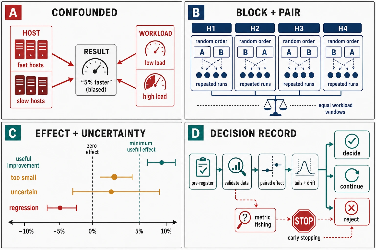 Four panels contrast a confounded host and workload comparison with randomized A/B pairs inside four host blocks, interpret effect intervals against zero and a minimum useful effect, and show a pre-registered decision path that stops for metric fishing or early stopping.