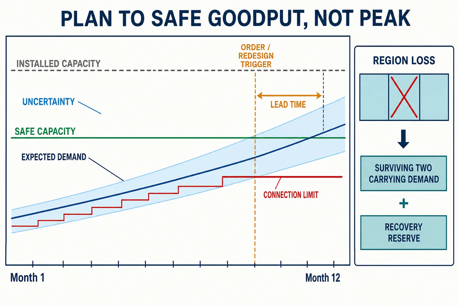 A twelve-month demand forecast with widening uncertainty crosses safe capacity after an earlier order or redesign trigger; a separate stepped connection limit crosses sooner, while an inset shows one lost region and recovery reserve on the surviving two.