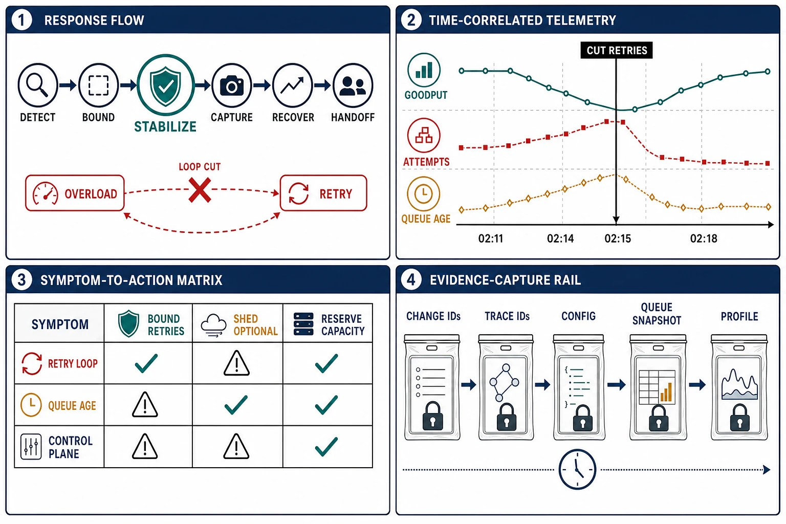 A performance-incident command flow aligns goodput, attempt rate, and queue age around a retry-cut action, then connects symptoms to stabilization choices and a time-ordered volatile-evidence rail.