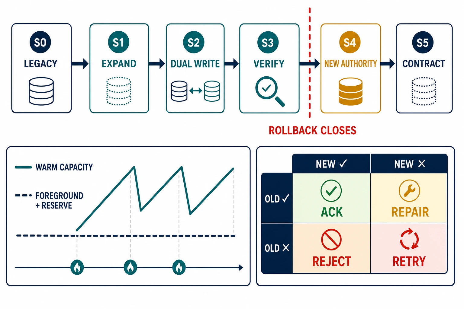 Six online-migration authority states mark the rollback boundary at new-authoritative writes, while a warm-capacity rollout profile and dual-write outcome matrix expose capacity and repair constraints.