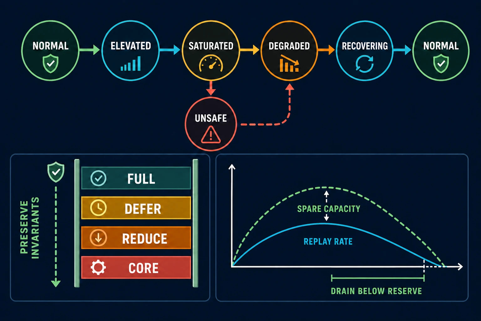 A six-state overload control surface moves from normal through elevated, saturated, degraded, and recovering back to normal; an unsafe branch requires manual authority, a degradation ladder preserves invariants, and recovery replay remains below spare capacity.