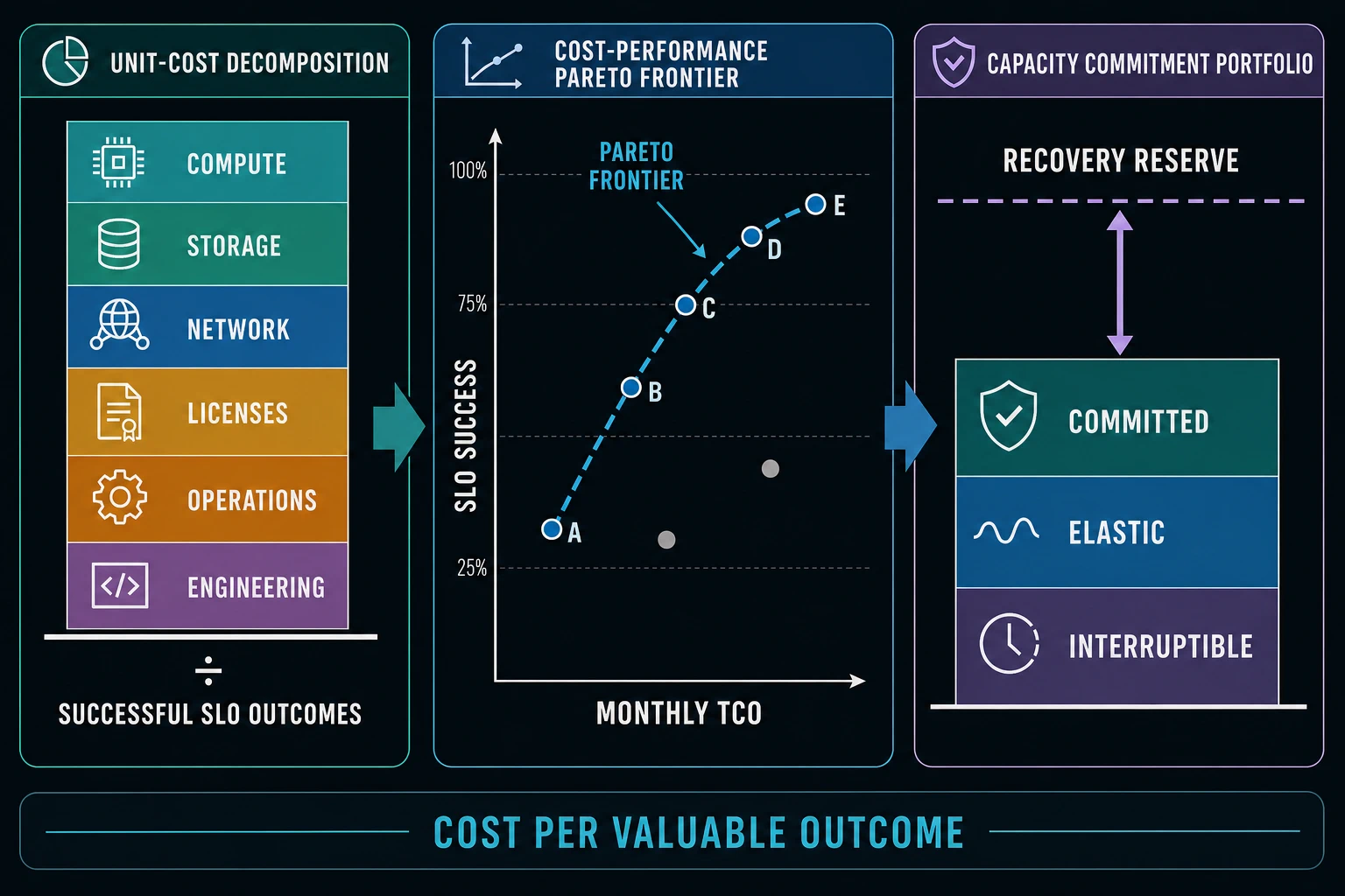 A unit-cost stack divides compute, storage, network, licenses, operations, and engineering by successful SLO outcomes; a Pareto frontier removes dominated cost-performance choices; and a capacity portfolio preserves recovery reserve above committed, elastic, and interruptible capacity.