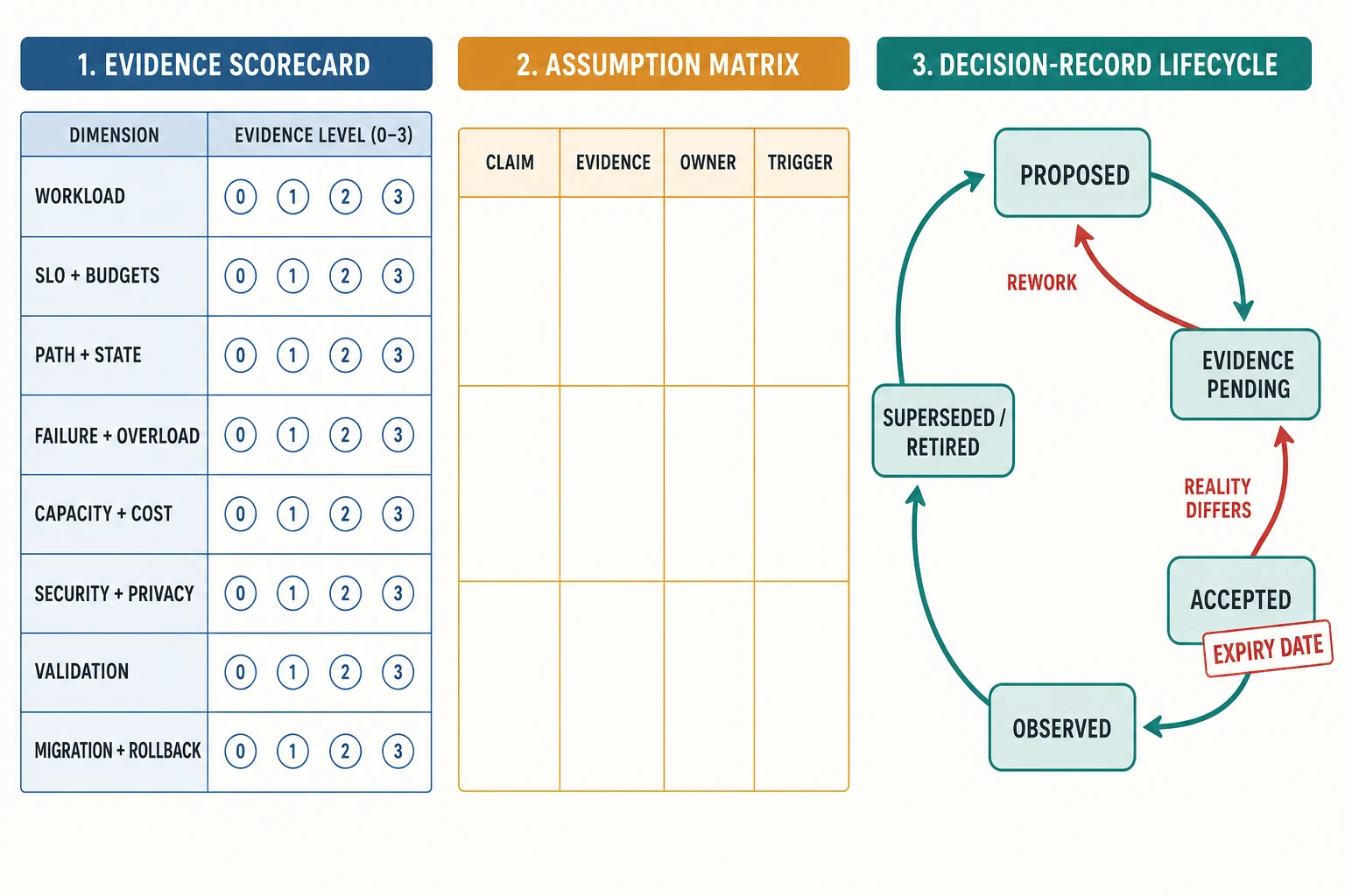 A review scorecard feeds an assumption matrix with evidence, owner, and trigger, then an expiring decision record moves from proposed to evidence pending, accepted, observed, and superseded or retired; contrary reality returns the decision to evidence work.