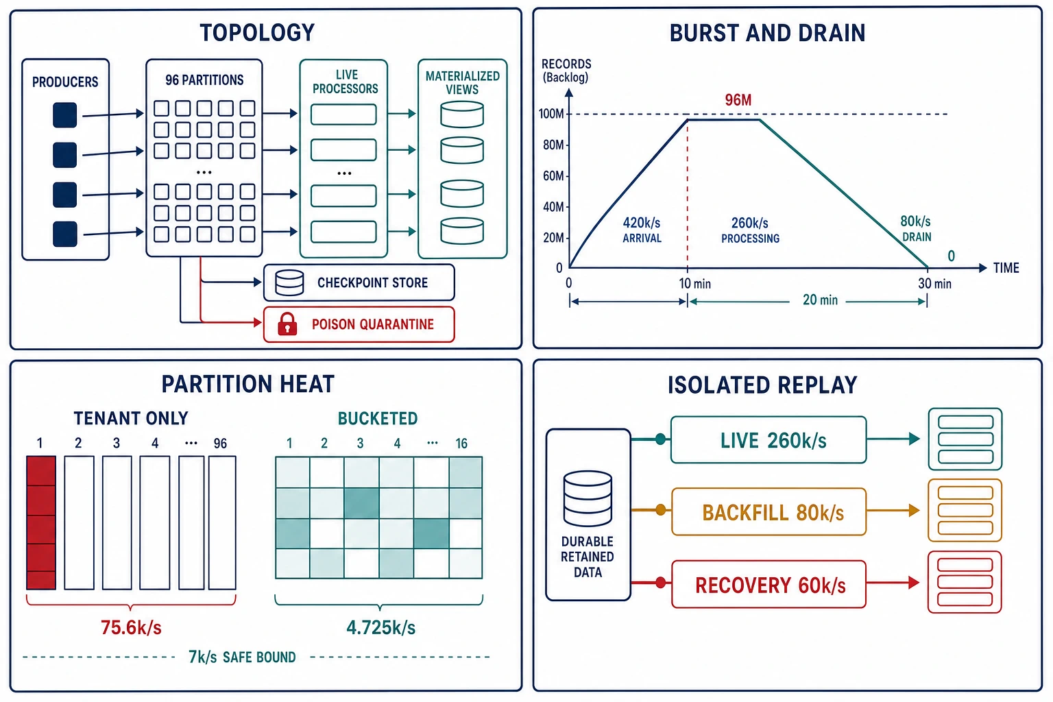 A four-panel analytical diagram showing Northstar's producer-to-partition-to-live-processor topology with checkpoint and poison lanes, a 420k/s ten-minute burst accumulating 96 million records and draining over twenty minutes, tenant-only versus bucketed partition heat, and isolated live, backfill, and recovery capacity pools.