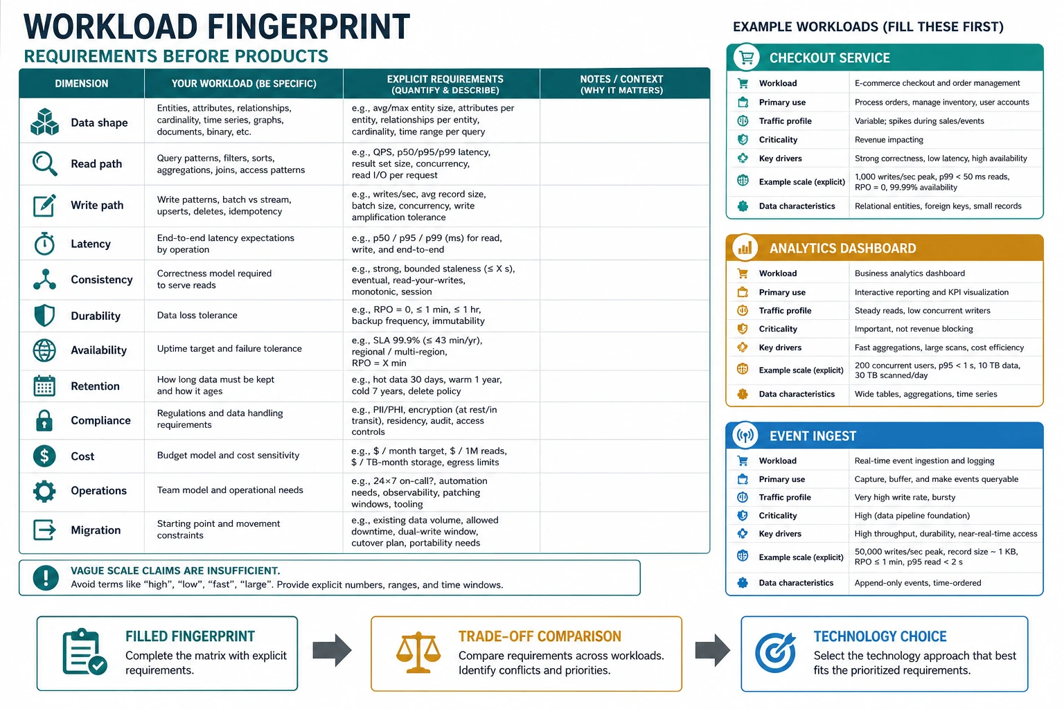 A workload fingerprint matrix lists dimensions such as data shape, read path, write path, latency, consistency, durability, availability, retention, compliance, cost, operations, and migration, then maps filled requirements to trade-off comparison and technology choice.