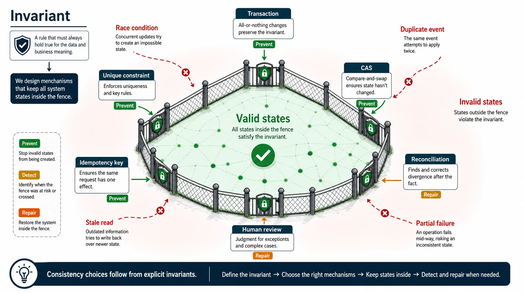 A state-space fence diagram shows valid states inside a protected boundary and invalid states outside, with enforcement gates such as transactions, unique constraints, compare-and-swap, idempotency keys, reconciliation, and human review.