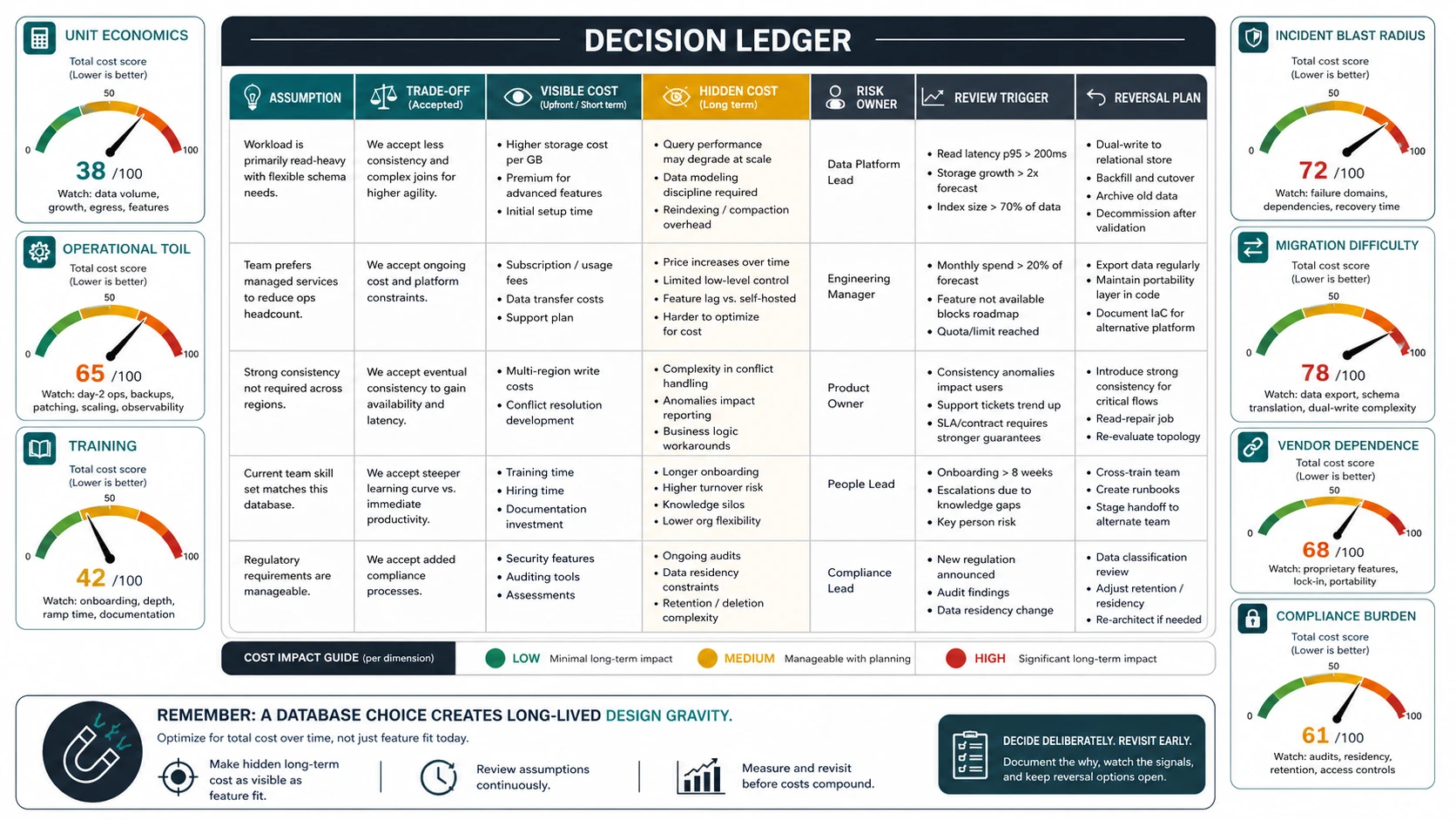 An illustrated database decision ledger connects assumptions and accepted trade-offs to visible and hidden costs, risk owners, review triggers, reversal plans, and six dimensions of long-term burden.