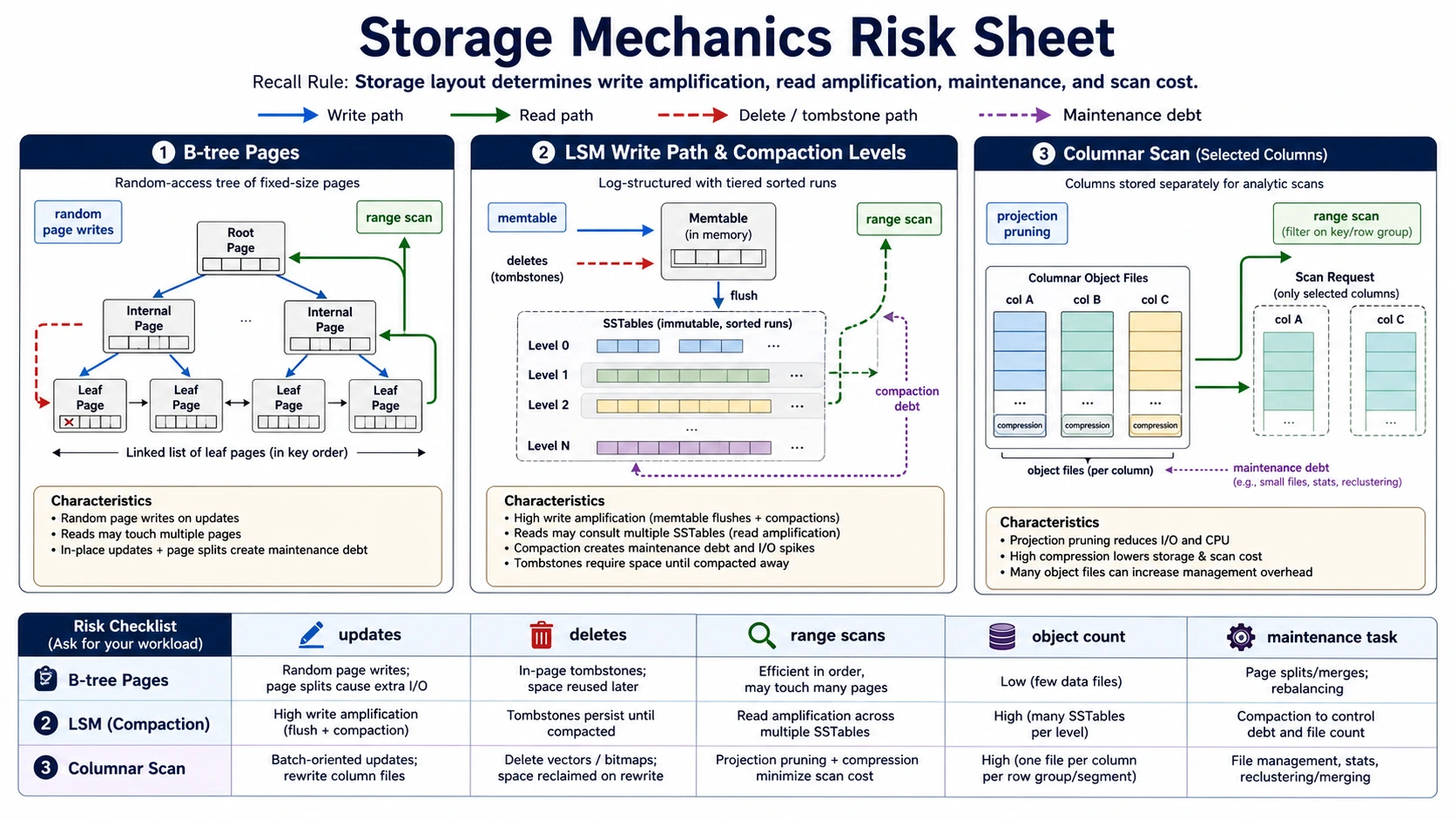 A storage mechanics risk sheet compares B-tree pages, LSM write paths with compaction levels, and columnar scans, showing write paths, read paths, delete paths, maintenance debt, and a checklist for updates, deletes, range scans, object count, and maintenance tasks.