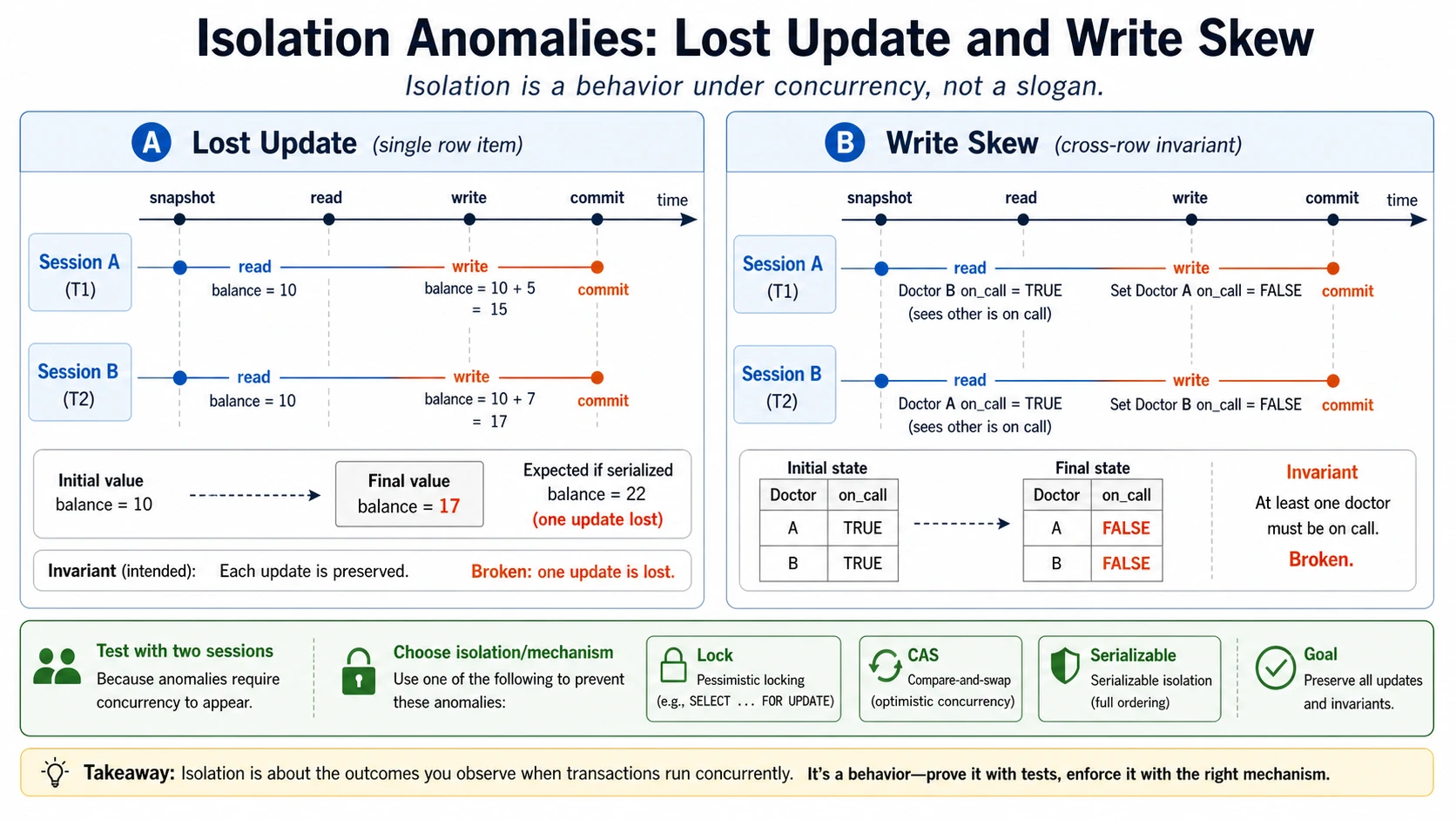 Two transaction timeline diagrams show a lost update where two sessions read the same balance and overwrite each other, and a write skew where two sessions each turn off one on-call doctor after reading a snapshot that appears safe, breaking an invariant.