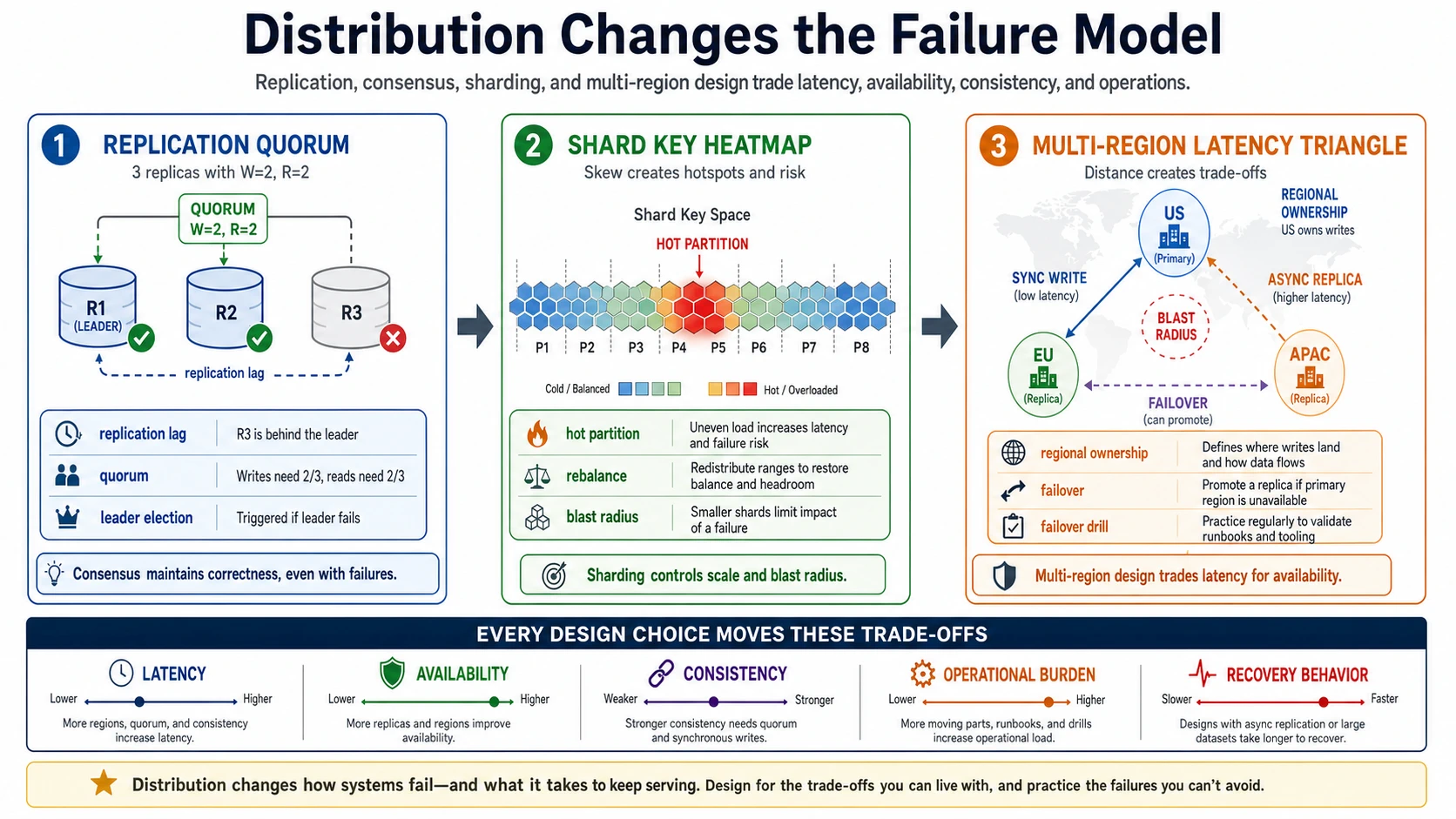 A distribution failure model diagram shows a replication quorum with one failed replica, a shard-key heatmap with a hot partition, and a multi-region latency triangle with synchronous writes, asynchronous replicas, regional ownership, blast radius, and failover drills.