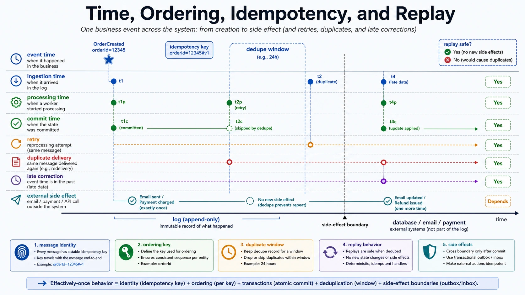 An event timeline separates event time, ingestion time, processing time, commit time, retry, duplicate delivery, late correction, and an external side-effect boundary, with an idempotency key, dedupe window, replay-safe labels, and a checklist for identity, ordering key, duplicate window, replay behavior, and side effects.