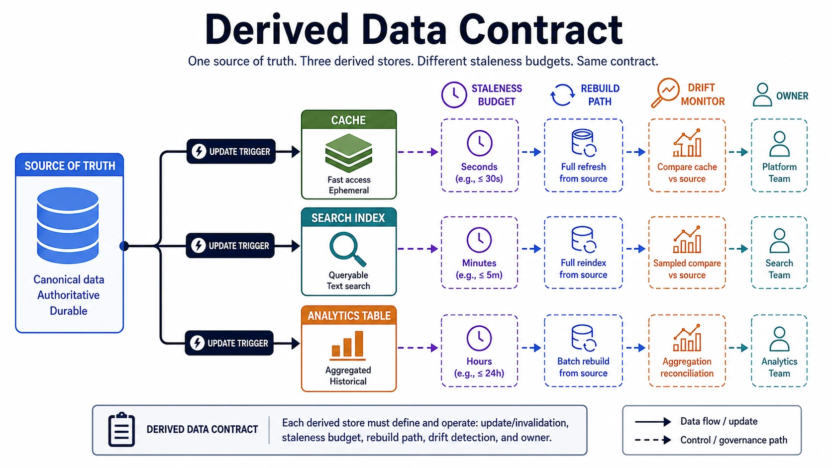 A derived data contract diagram shows one source of truth feeding a cache, search index, and analytics table. Each derived store has an update trigger, staleness budget, rebuild path, drift monitor, and owner.