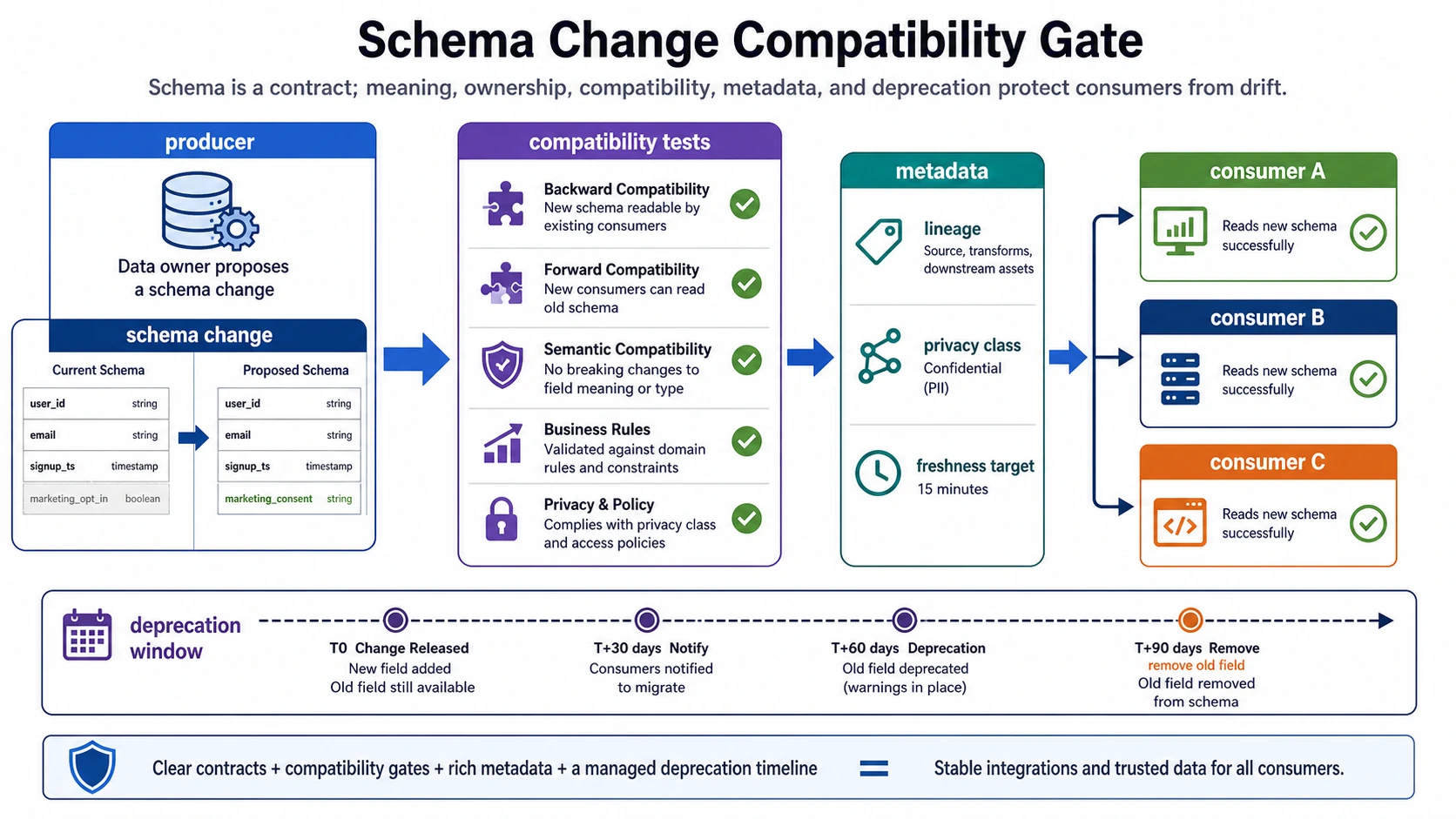 A schema change flows from a producer through compatibility tests, metadata checks, consumer validation, and a deprecation timeline before an old field is removed.