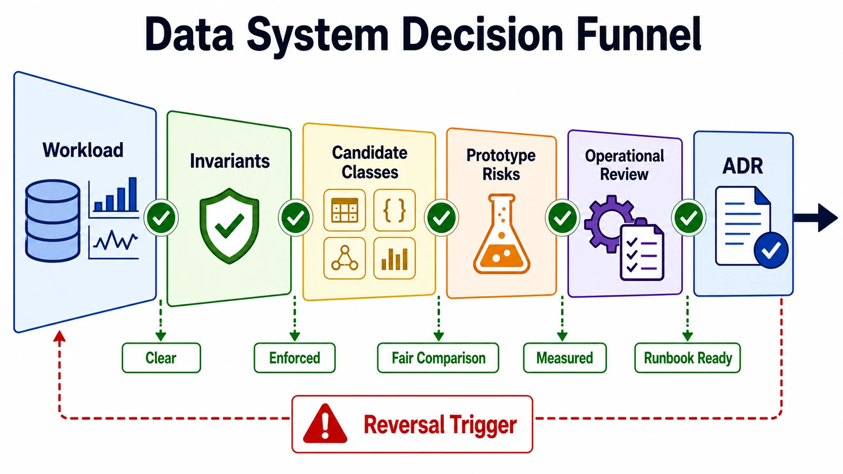A data system decision funnel moves from workload to invariants, candidate classes, prototype risks, operational review, and ADR, with gates for clear, enforced, fair comparison, measured, runbook ready, and reversal trigger.