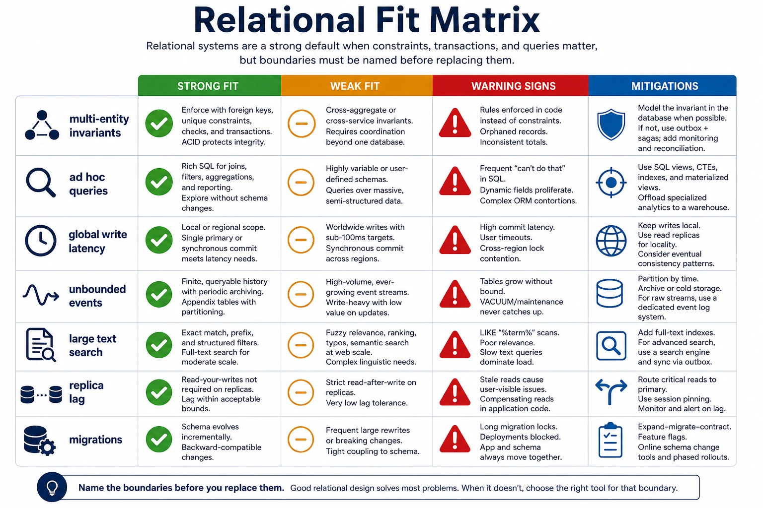 A relational fit matrix compares multi-entity invariants, ad hoc queries, global write latency, unbounded events, large text search, replica lag, and migrations across strong fit, weak fit, warning signs, and mitigations.