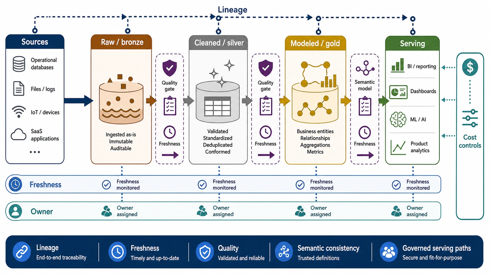 An analytical data product flow shows sources moving through raw bronze, cleaned silver, modeled gold, and serving layers. Lineage, quality gates, freshness, owners, semantic model checks, and cost controls surround the flow.