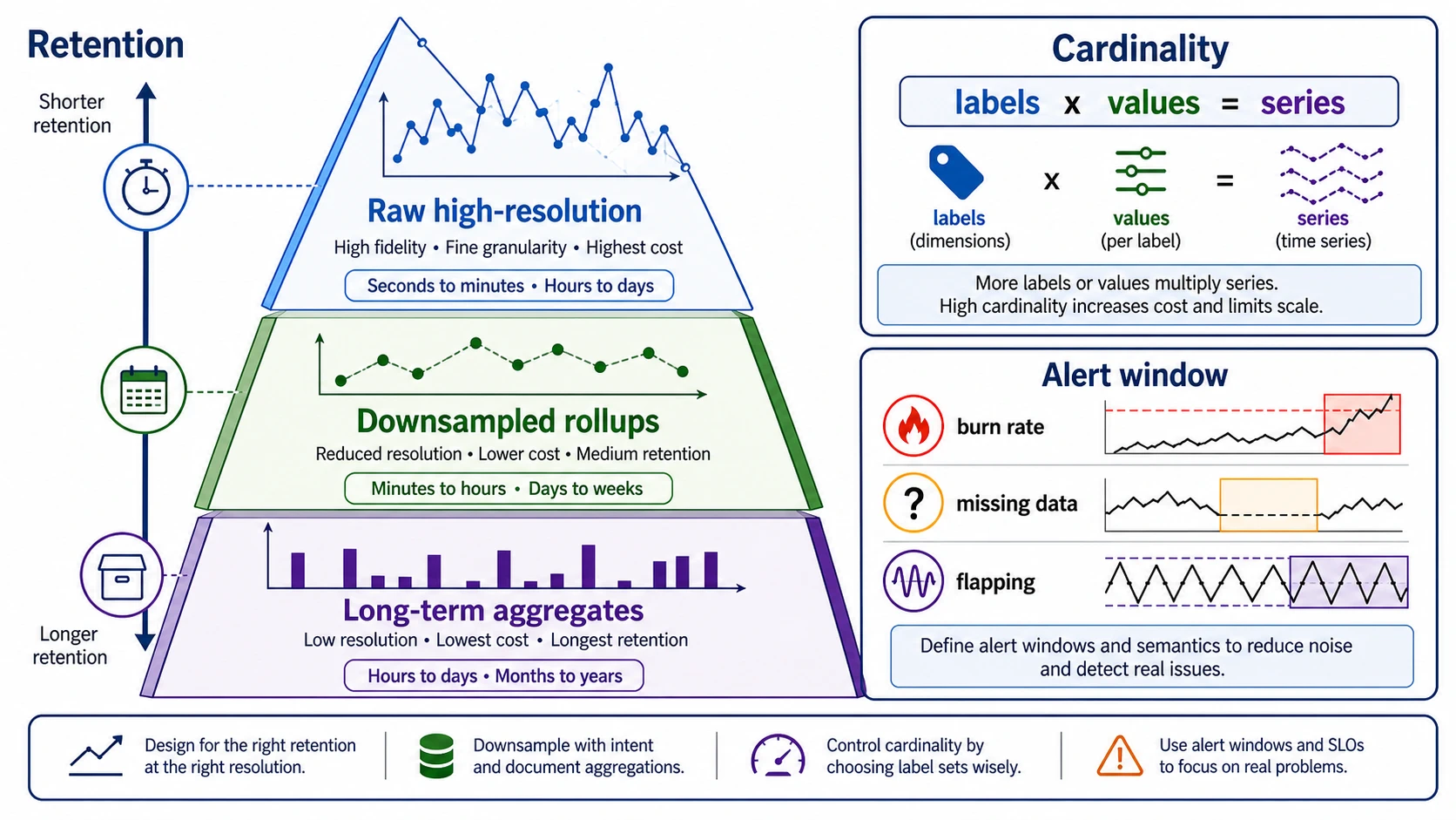 A time-series design diagram connects a retention pyramid of raw samples, rollups, and long-term aggregates with series growth from label values and with alert behavior for burn rate, missing data, and flapping.