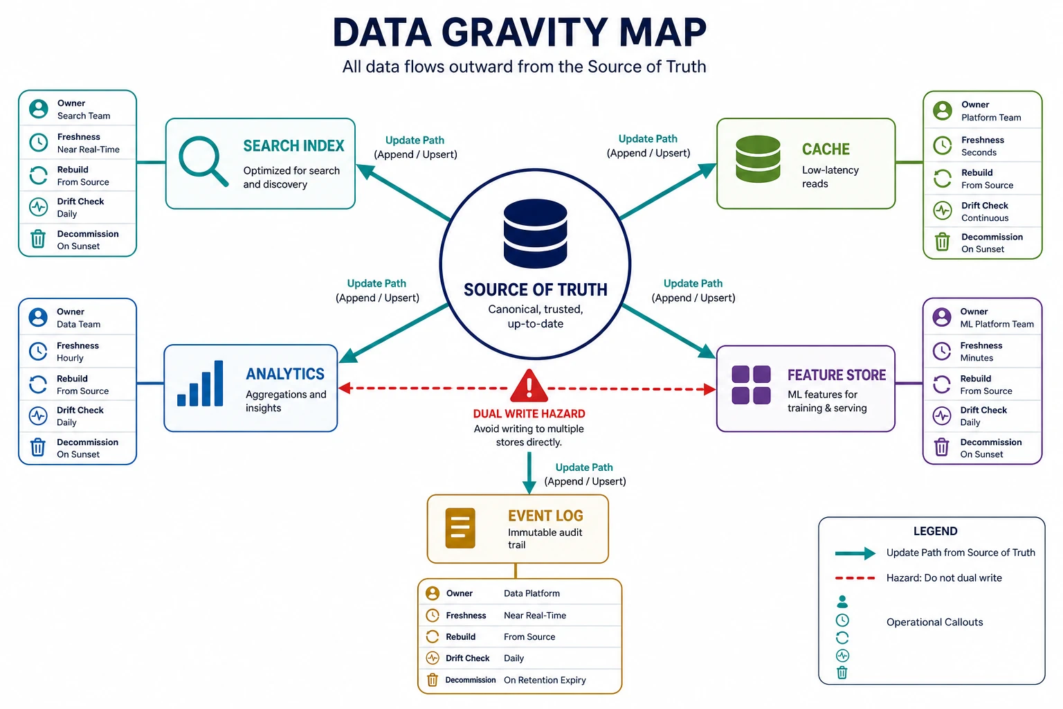 An illustrative data gravity map shows one authoritative store feeding search, cache, analytics, feature, and event systems. Each copy has callouts for ownership, freshness, rebuild, drift checking, and decommissioning, and a warning marks direct dual writes.
