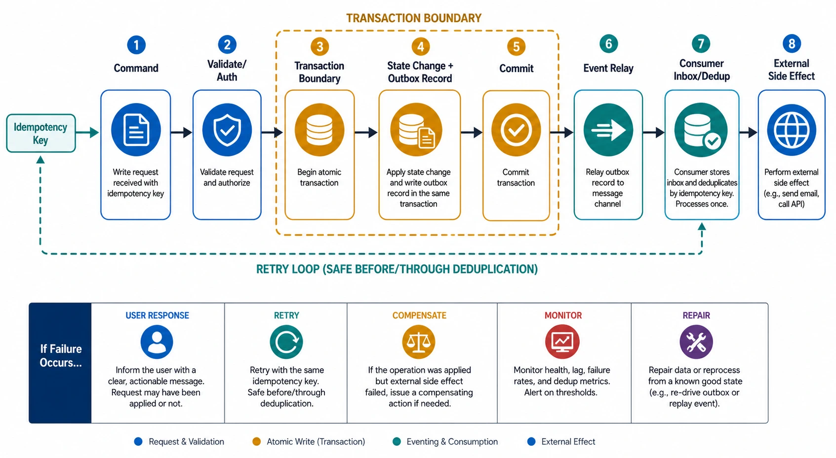 A conceptual write flow shows a command and idempotency key passing validation and authorization, then a local transaction that commits state with an outbox record, followed by event relay, consumer deduplication, and an external side effect.