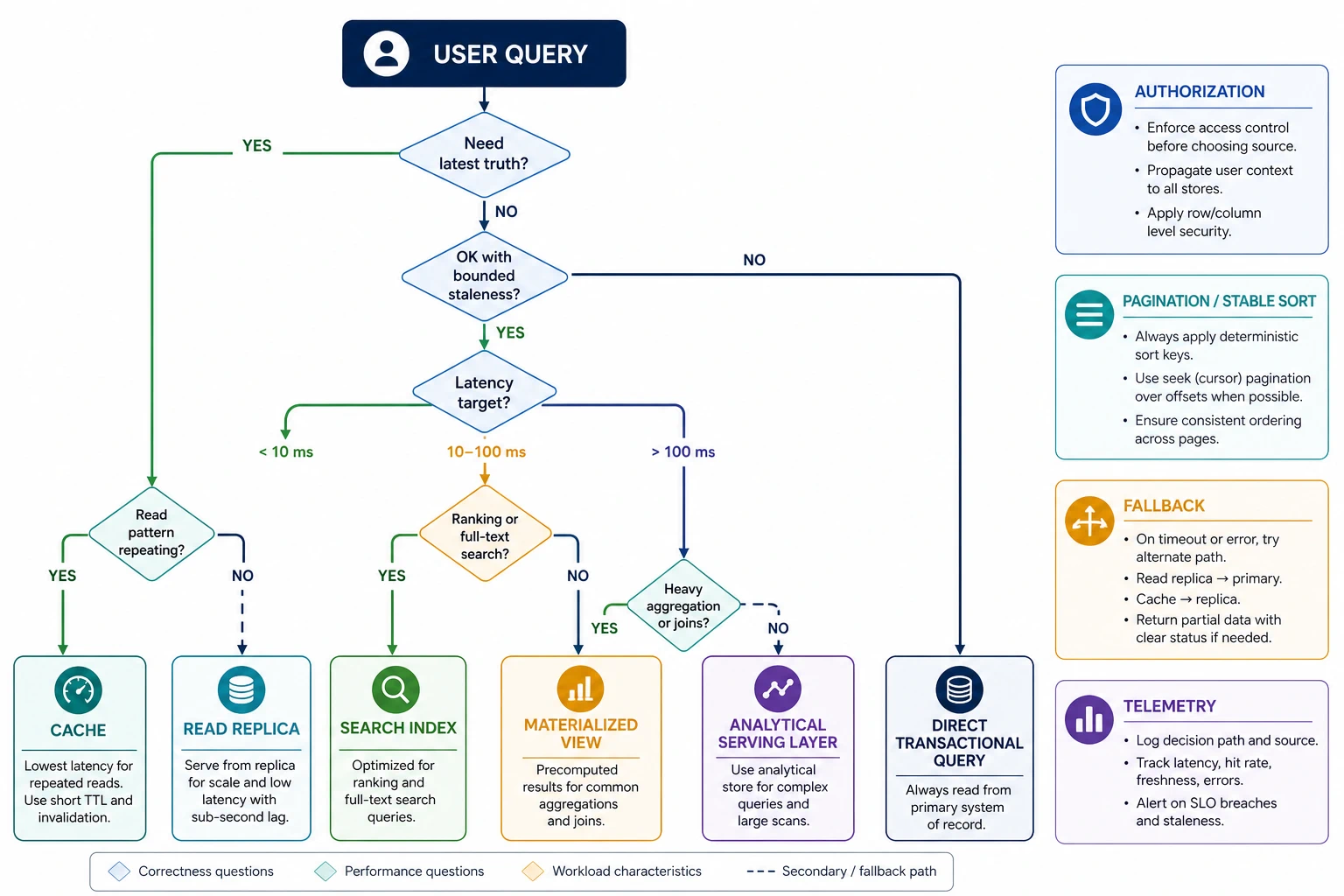 A read-path decision tree starts from user query and branches to direct transactional query, read replica, cache, materialized view, search index, and analytical serving layer. Decision cues include latest truth, latency, fan-out, ranking, aggregation, bounded staleness, authorization, pagination, fallback, and telemetry.