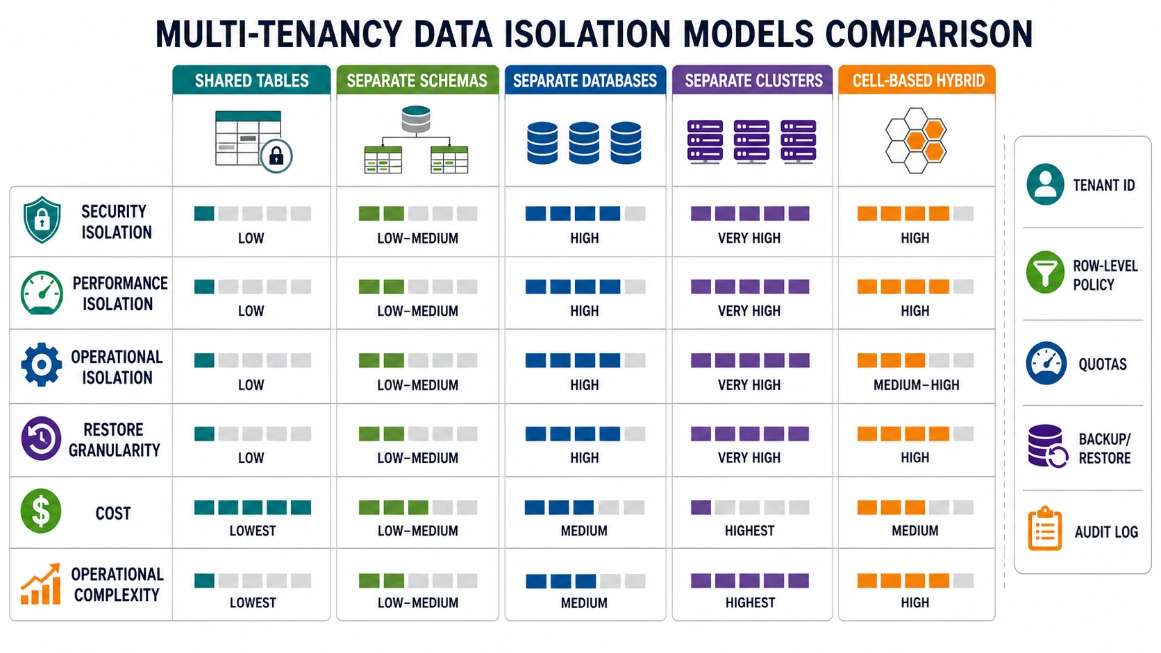 A comparison grid maps shared tables, separate schemas, separate databases, separate clusters, and cell-based hybrid tenancy models against security isolation, performance isolation, operational isolation, restore granularity, cost, and complexity. Side callouts name tenant ID, row-level policy, quotas, backup and restore, and audit log.
