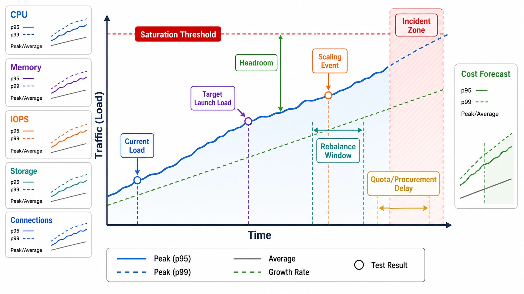 A capacity curve plots average, p95, and p99 load over time against a saturation threshold. It marks current and target load, headroom, the scaling event, rebalance window, quota or procurement delay, incident zone, resource signals, and a cost forecast.