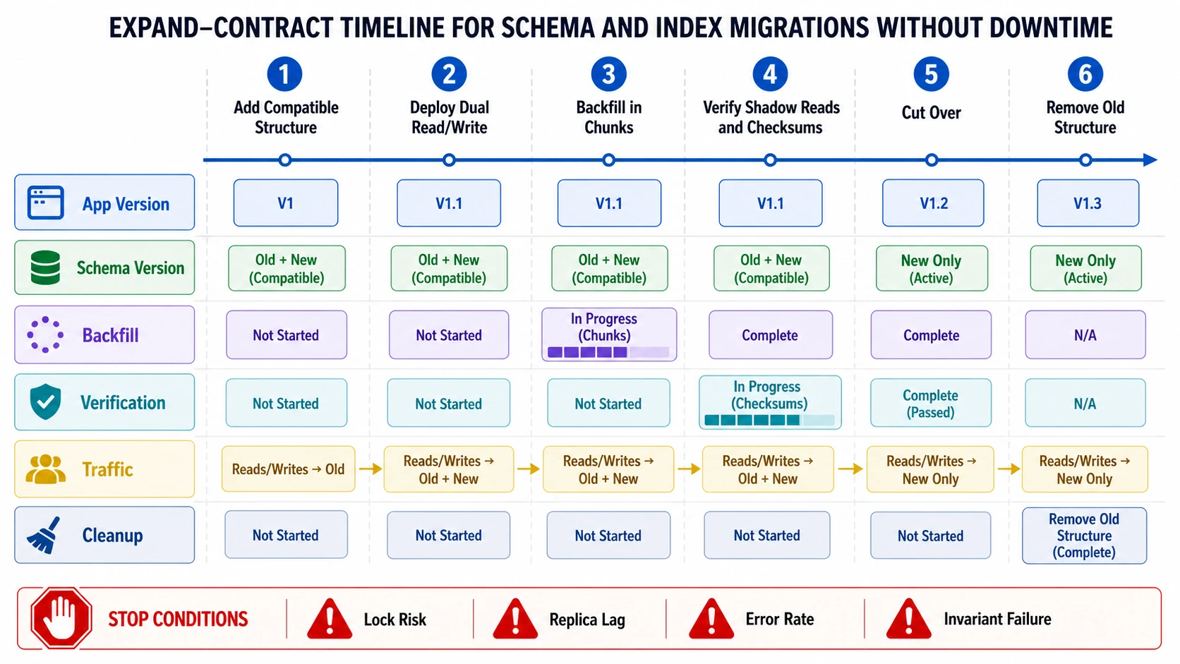 An expand-contract migration timeline has lanes for app version, schema version, backfill, verification, traffic, and cleanup. Steps add compatible structure, deploy dual read or write behavior, backfill in chunks, verify shadow reads and checksums, cut over, and remove old structure. Stop-condition callouts cover lock risk, replica lag, error rate, and invariant failure.
