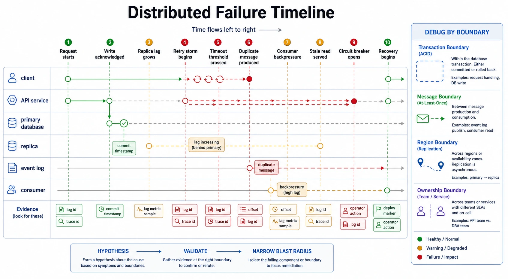 A distributed failure timeline shows swimlanes for client, API service, primary database, replica, event log, and consumer. Time flows left to right through request start, write acknowledgment, replica lag growth, retry storm, timeout threshold crossing, duplicate message production, consumer backpressure, stale read served, circuit breaker opening, and recovery. Evidence tags include log id, trace id, offset, commit timestamp, deploy marker, and operator action. A side panel groups transaction, message, region, and ownership boundaries.