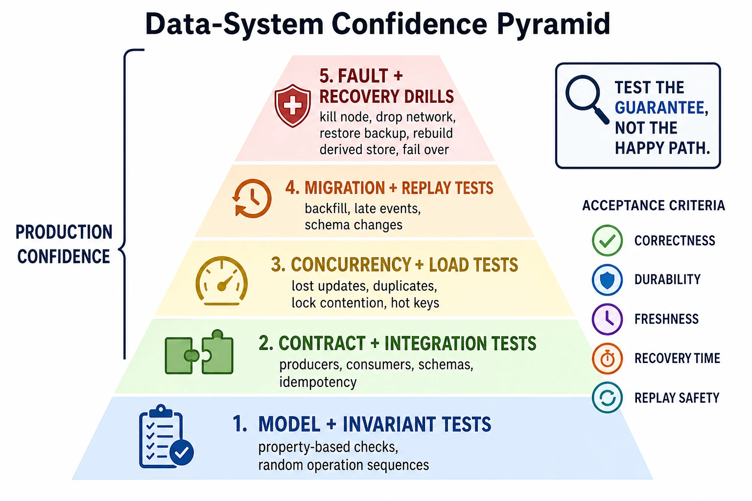 A data-system confidence pyramid has model and invariant tests at the base, contract and integration tests above, concurrency and load tests in the middle, migration and replay tests above that, and fault plus recovery drills at the top. A side reminder says test the guarantee, not the happy path. Acceptance criteria include correctness, durability, freshness, recovery time, and replay safety.
