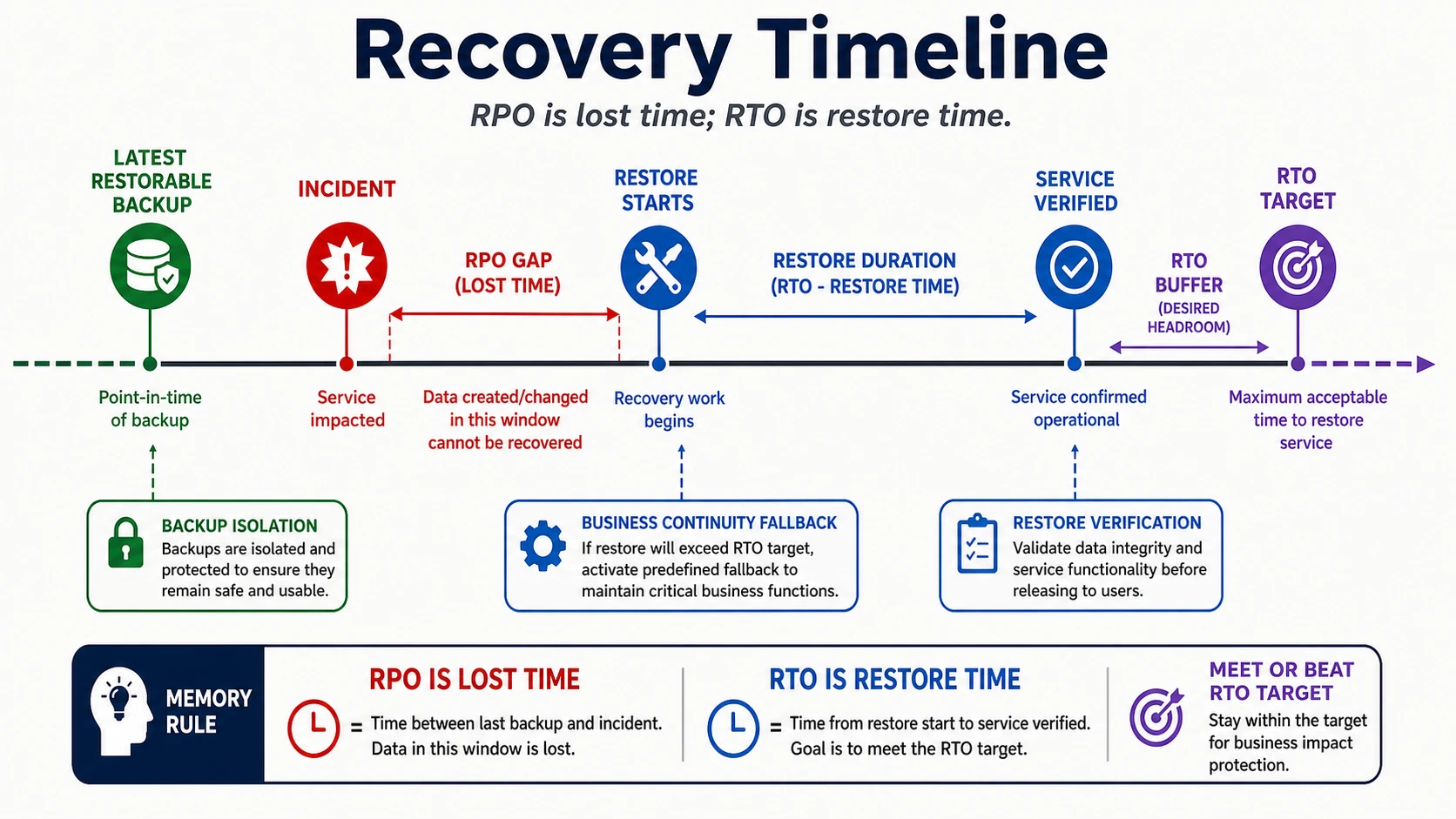 A recovery timeline marks the latest restorable backup, incident point, RPO gap, restore start, service verification, RTO buffer, and RTO target. It states that RPO is lost time and RTO is restore time.