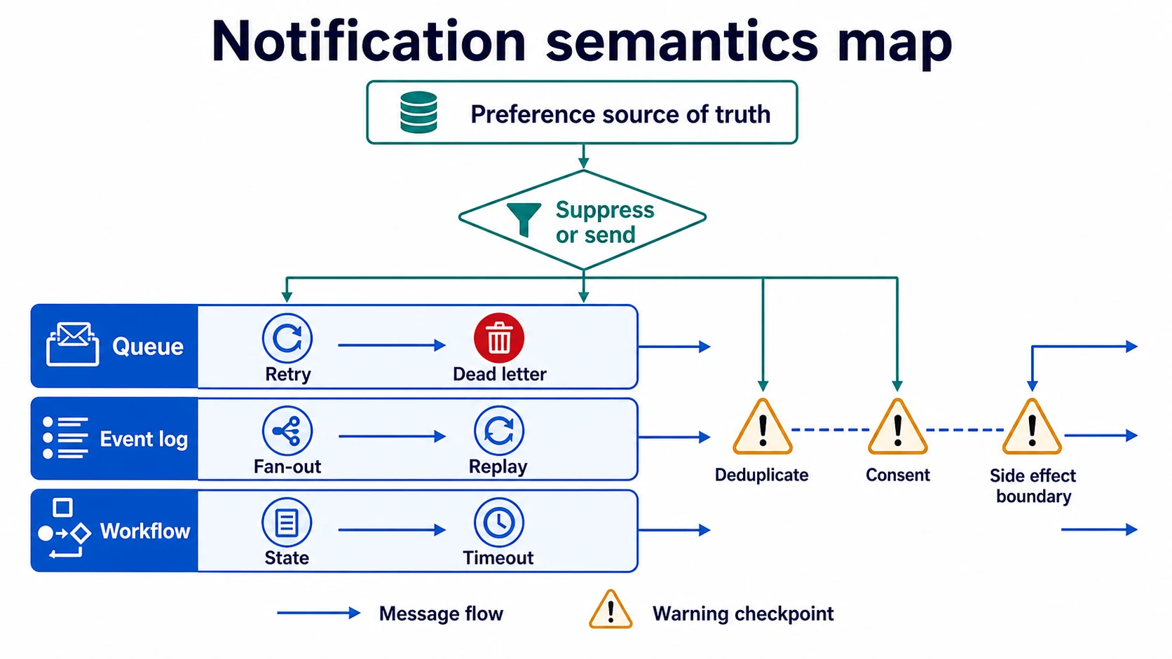 A notification semantics map shows three lanes: queue with retry and dead letter, event log with fan-out and replay, and workflow with state and timeout. A preference source of truth feeds a suppress-or-send gate, followed by deduplicate, consent, and side-effect boundary checkpoints.