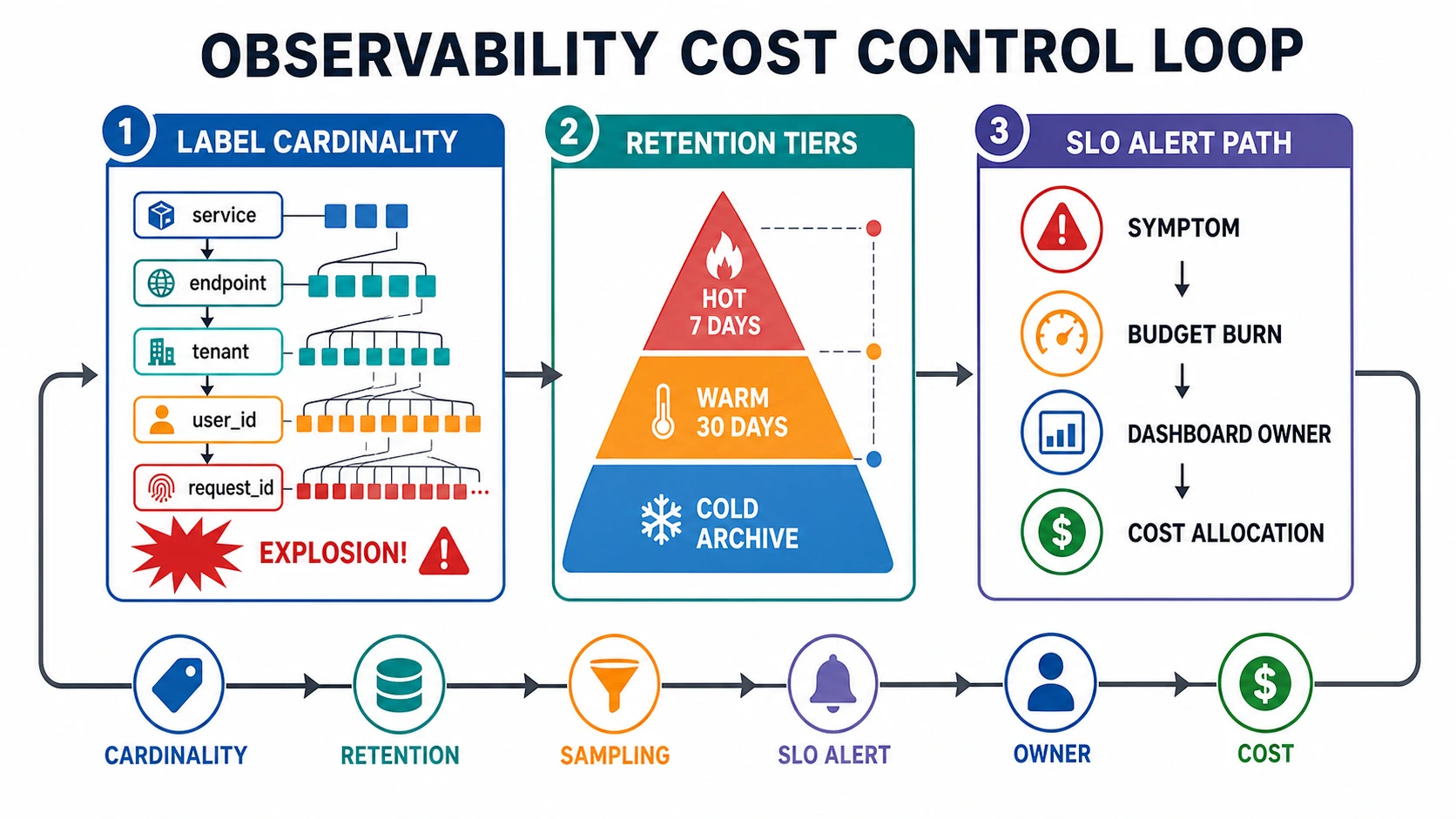 An observability cost control loop shows label cardinality growing from service to endpoint to tenant to user ID and request ID, retention tiers from hot to warm to cold archive, and an SLO alert path from symptom to budget burn, dashboard owner, and cost allocation.