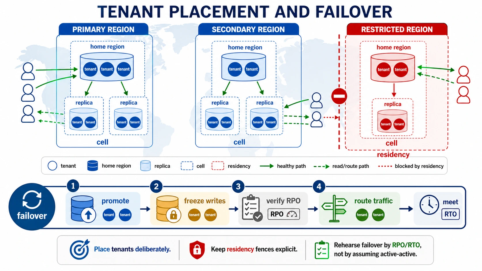 A tenant placement and failover diagram shows tenants assigned to home regions and cells, replicas for nearby reads, a residency boundary around restricted tenants, and a failover timeline with write fencing, recovery-point verification, promotion, traffic routing, and recovery-time measurement.