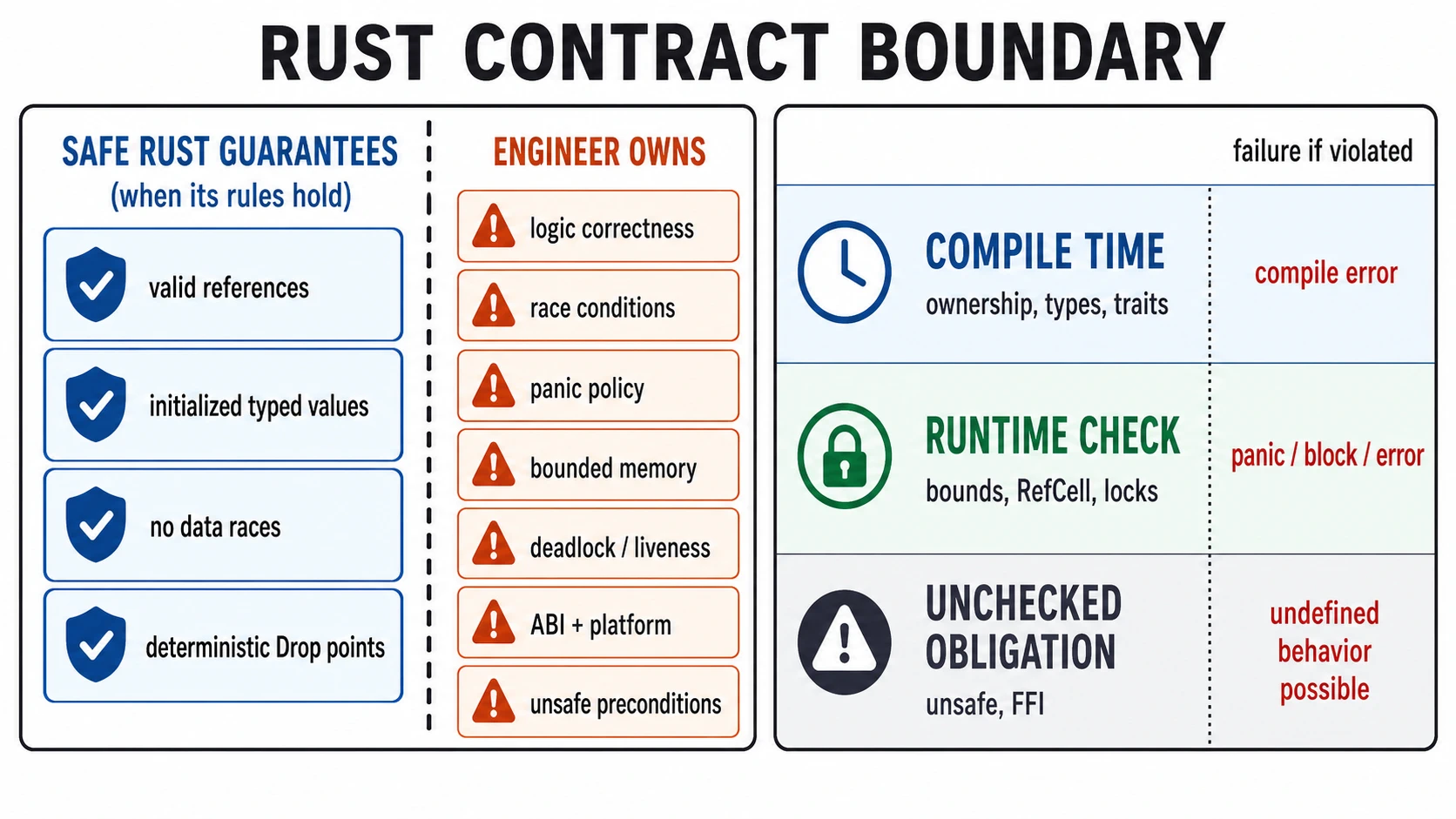A Rust contract boundary places valid references, initialized typed values, no data races, and ordinary deterministic drop behavior on the safe-Rust side. Logic correctness, race conditions, panic policy, bounded memory, liveness, ABI and platform behavior, and unsafe preconditions remain engineering obligations. A second panel compares compile-time enforcement, runtime checks, and unchecked unsafe obligations.