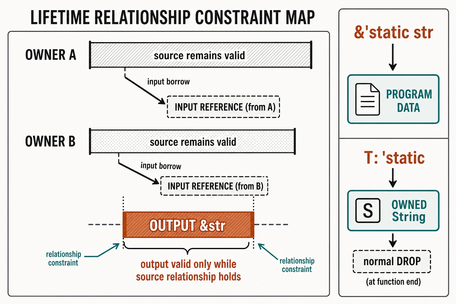 A constraint map shows references from two owned Entry values into account strings. An output borrow band is constrained to the overlap of eligible input validity regions. A separate panel contrasts a static string reference to program data with an owned String satisfying a static bound despite being dropped at the end of the function. No timeline is labeled as time to live.