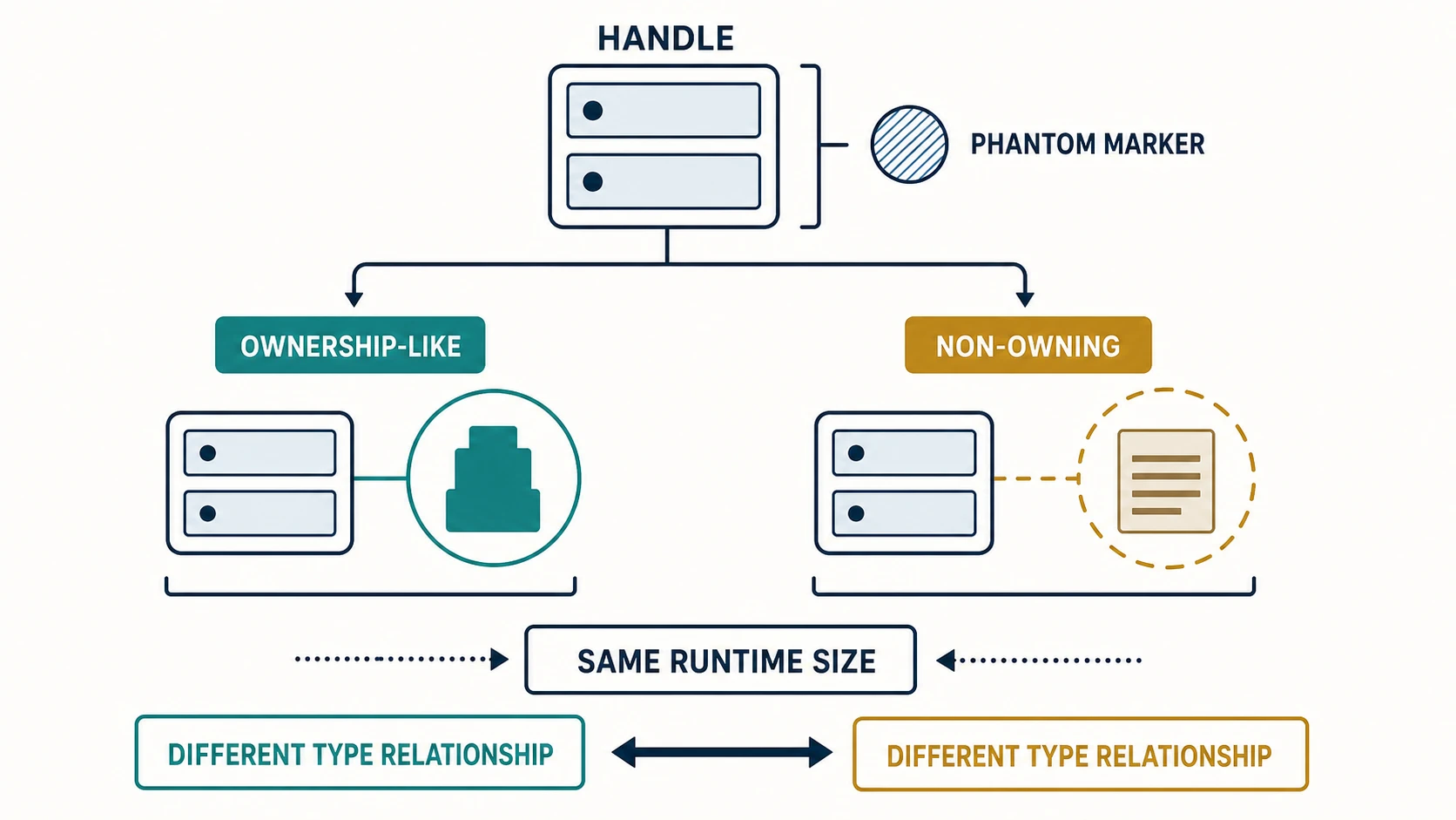 A schematic handle has the same runtime-sized slots in ownership-like and non-owning variants, while solid versus dashed marker relationships show that a zero-sized phantom marker changes the type relationship rather than the byte count.