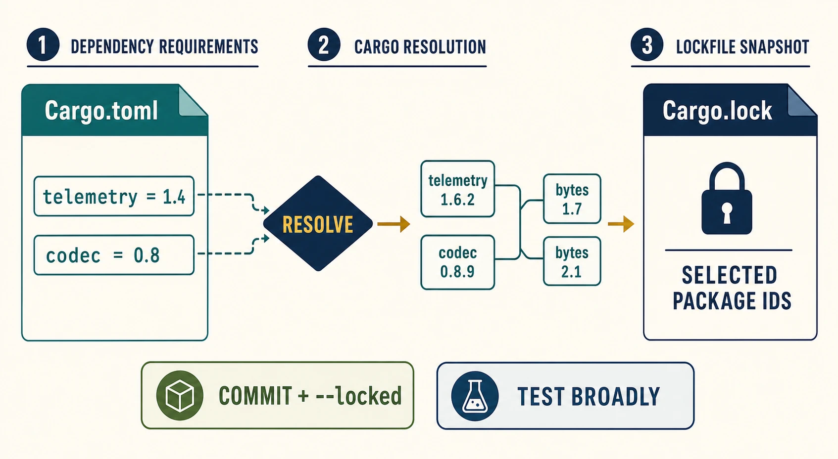 A three-stage flow begins with Cargo.toml version requirements, passes through a resolver into selected telemetry, codec, and parallel bytes 1.7 and bytes 2.1 nodes, then ends at Cargo.lock as a selected-package-ID snapshot. An application badge says commit and use &ndash;locked, while a library badge says test broadly, distinguishing deployment repeatability from compatibility coverage.
